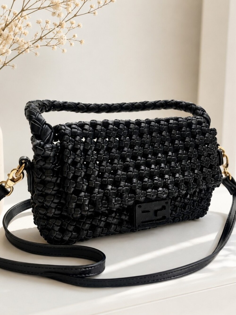 Classic Black Woven Crossbody Bag - Women's